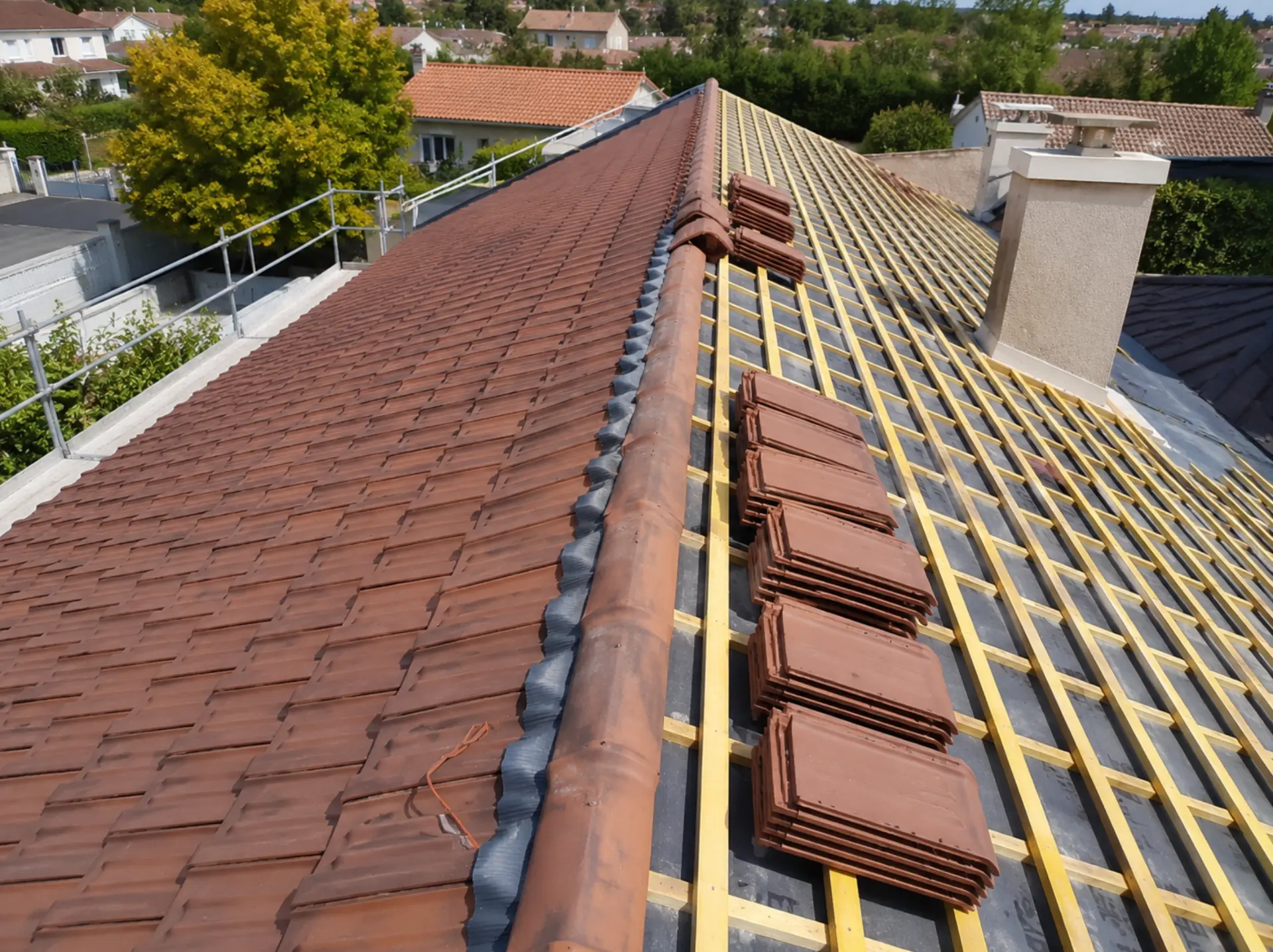 Rénovation de toiture à Nantes : versant en tuiles neuves d'un côté, liteaunage et tuiles en attente de l'autre