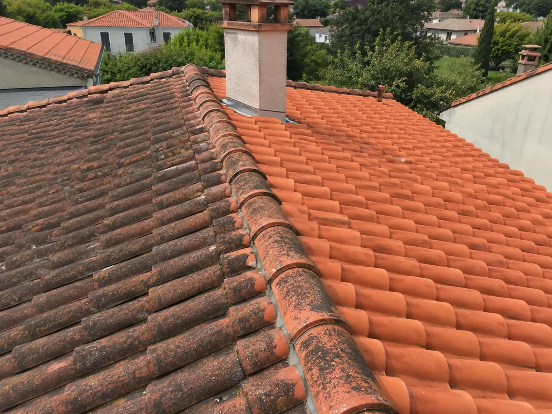 Toiture herblinoise avec un versant démoussé et un versant encore encrassé, vue depuis le faîtage