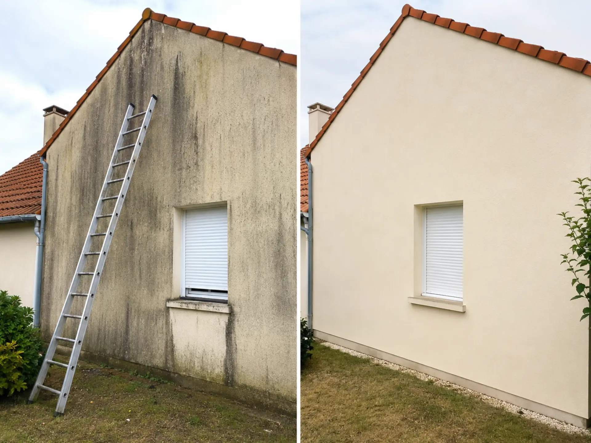 Façade de maison à Carquefou en cours de nettoyage par Éco Toit Vapeur