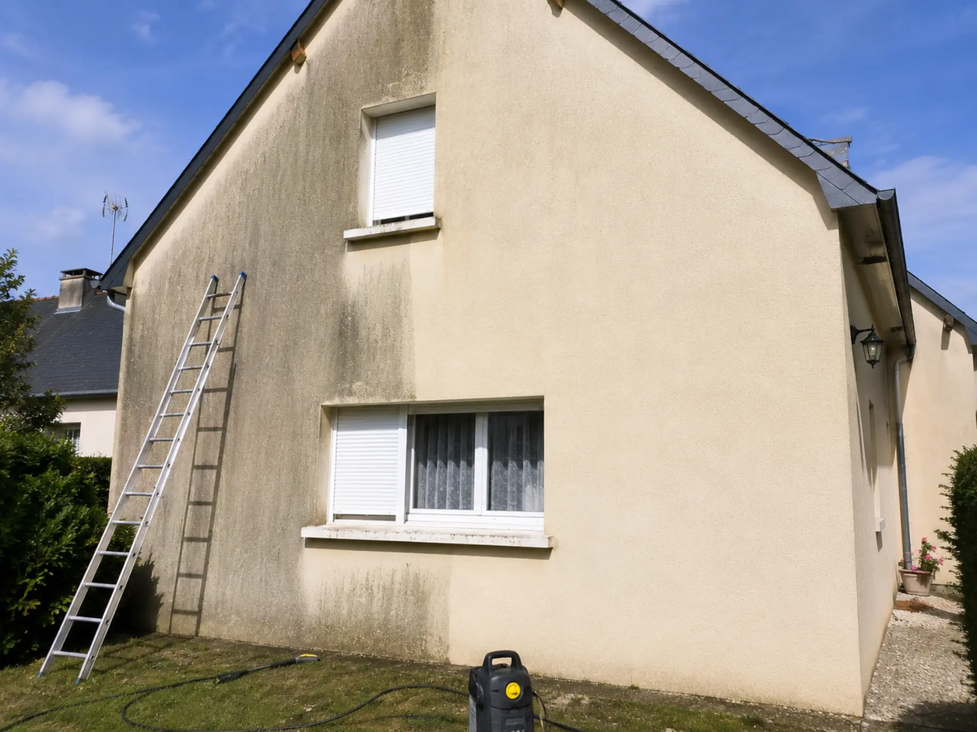 Nettoyage de façade en cours sur une maison nantaise, mur traité à basse pression